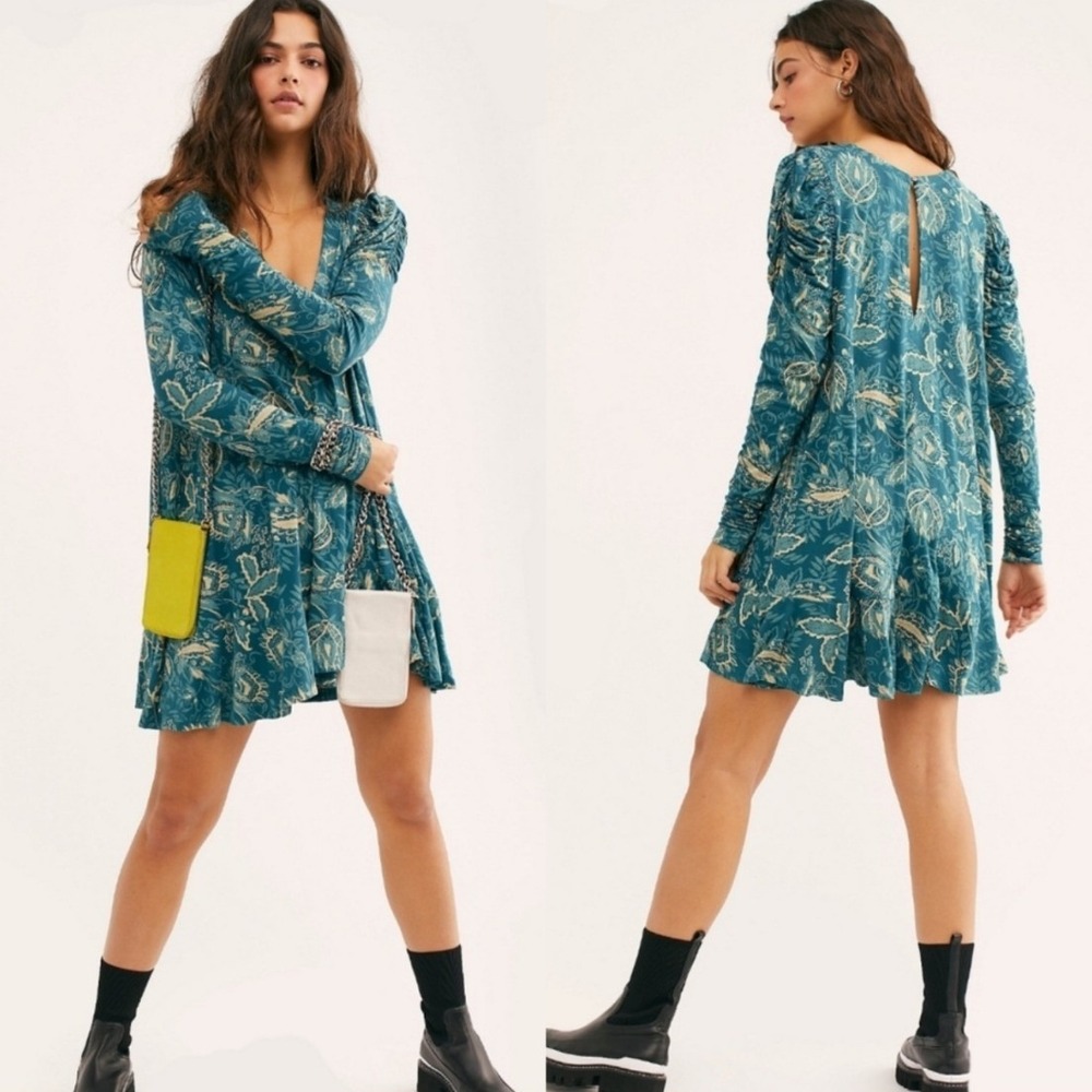 Free People Hello Lover Tunic Womens Small Teal Floral Ruched NWT OB1110543